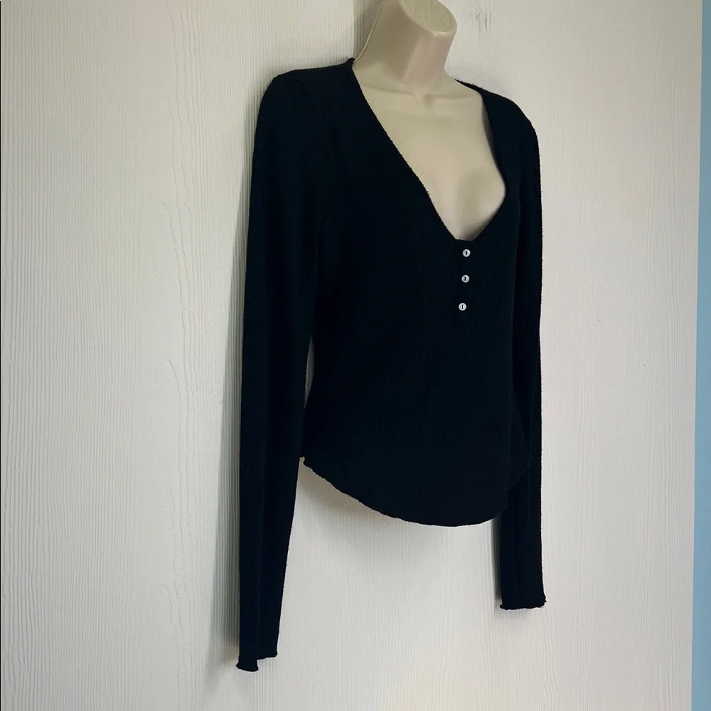 Free People - Intimately Keep It Basic Black Ribbed Soft Henley Blouse Small - Picture 3 of 10